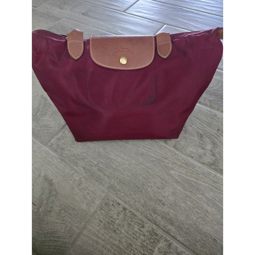 Longchamp Le Pliage Burgundy Nylon Tote Bag Brown Leather Trim